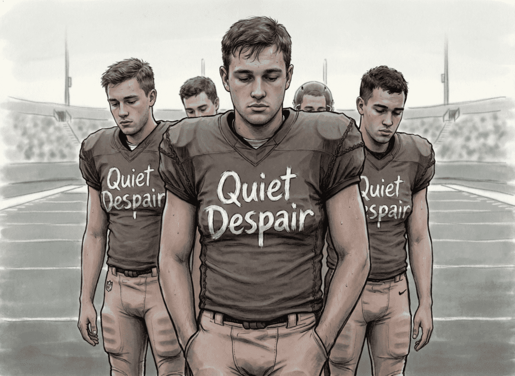 Nfl adds “quiet despair” uniforms for off-season games Satirical vector illustration of NFL players wearing “Quiet Despair” uniforms in muted tones—mocking the aestheticization of masculine silence, emotional repression, and sports merchandising