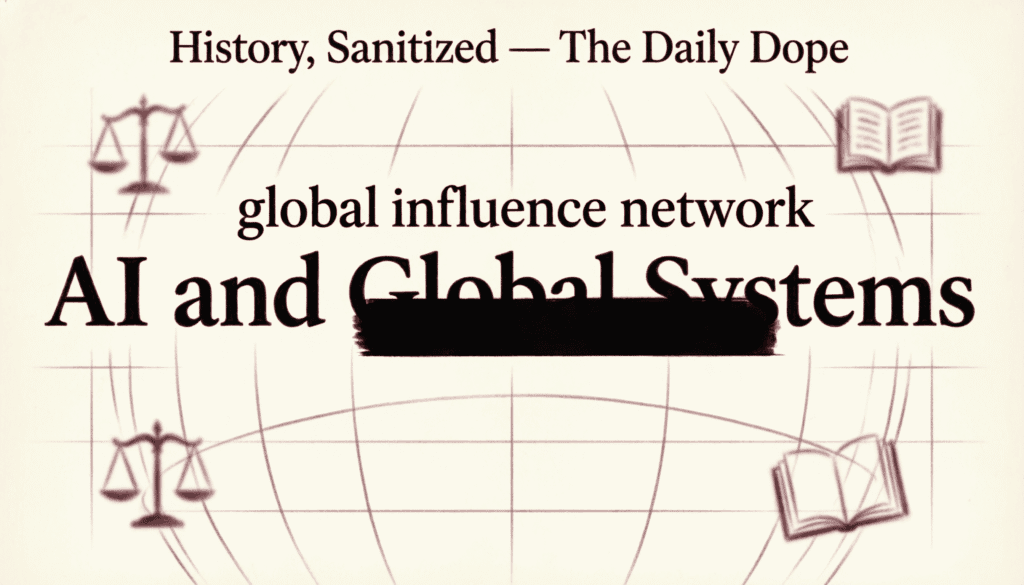 Satirical vector illustration of an AI textbook censoring the word “empire” in history lessons—mocking historical erasure, linguistic censorship, and patriotic tech narratives