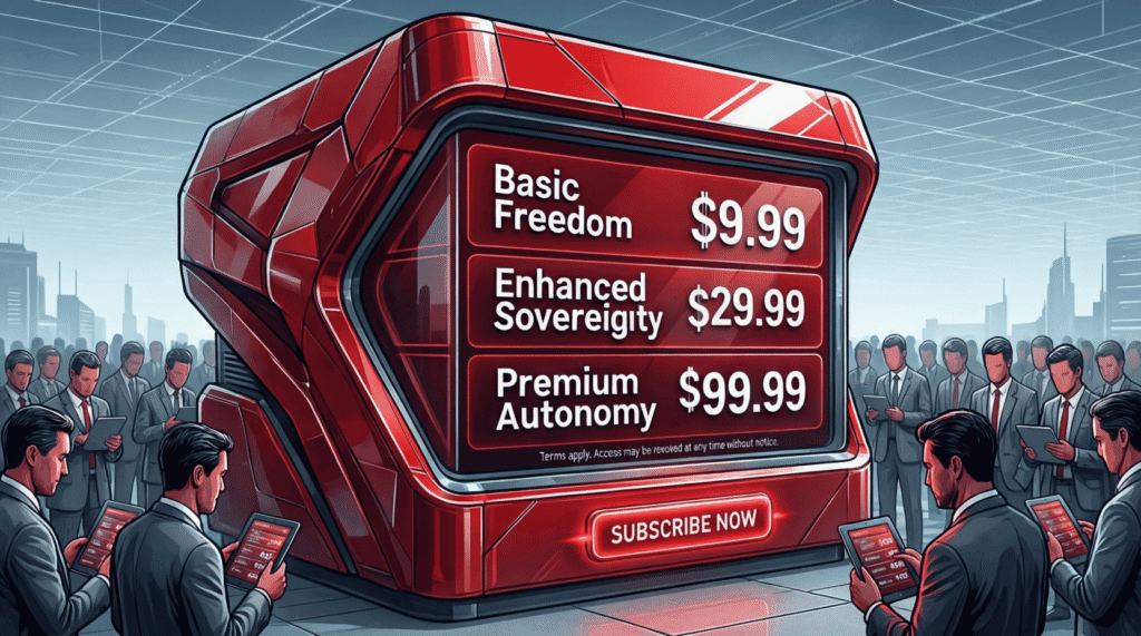 Satirical vector illustration of a US kiosk selling tiered democracy subscriptions in a bold red-and-white palette—mocking the commodification of freedom and conditional sovereignty