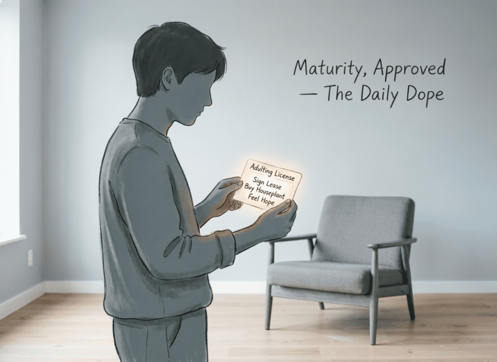 “Adulting” now requires a government-issued license Satirical vector illustration of a person receiving a government-issued “Adulting License” to perform basic life tasks—mocking bureaucratic overreach and the performance of maturity