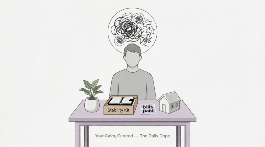 Satirical vector illustration of a person using a “Fake Stability Kit” to simulate calm—mocking performative wellness, emotional labor, and the therapeutic performance of control