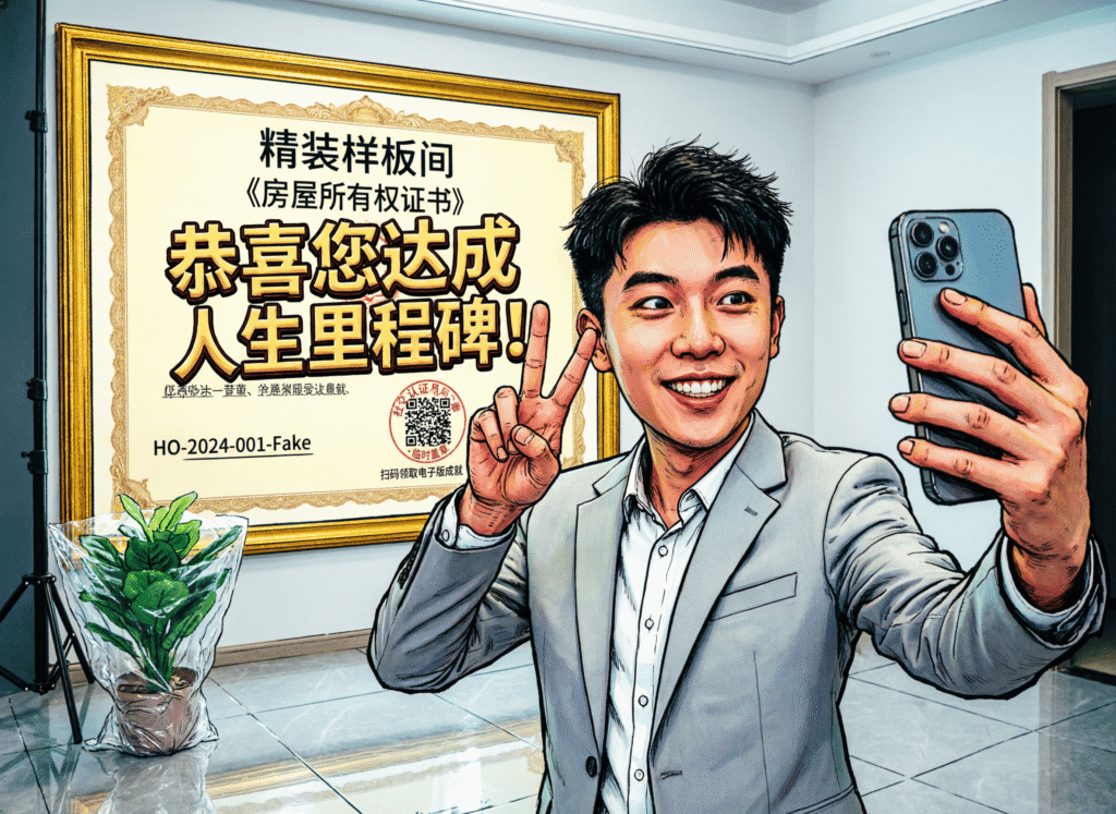 Satirical vector illustration of a person renting a fake “homeownership milestone” for social media—mocking performative adulthood and the commodification of life achievements