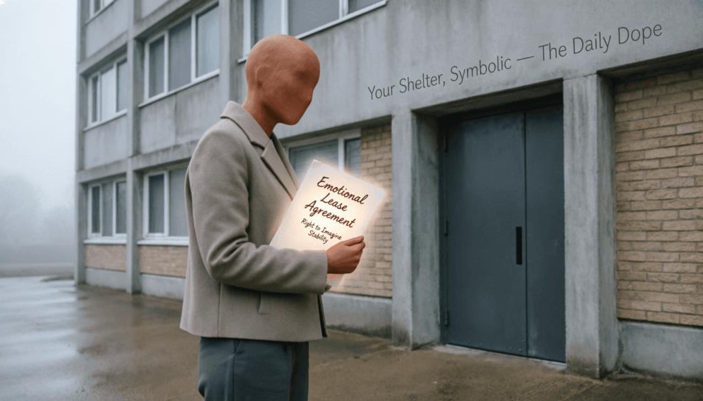 Satirical vector illustration of a person holding an “Emotional Lease Agreement” instead of real housing—mocking the housing crisis, performative stability, and symbolic shelter