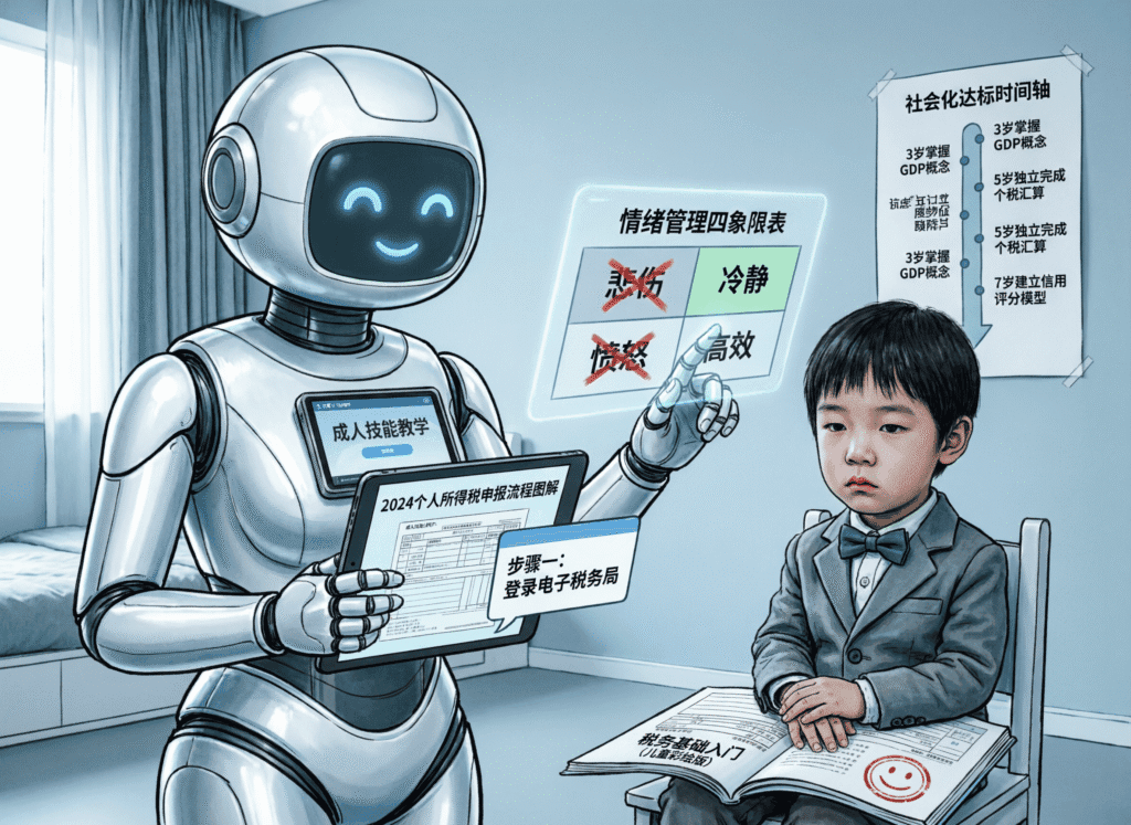 Satirical vector illustration of an AI nanny teaching a child “adulting” skills like tax filing and emotional suppression—mocking automated parenting and the outsourcing of human development