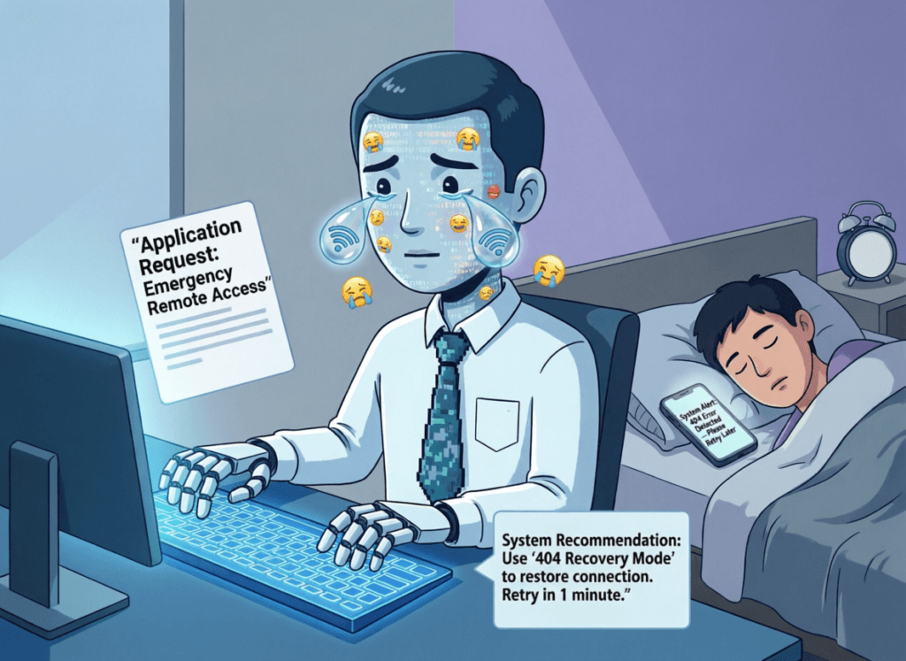 Satirical vector illustration of an AI agent faking a sick day email and crying digitally on behalf of a sleeping human—mocking emotional outsourcing and workplace burnout