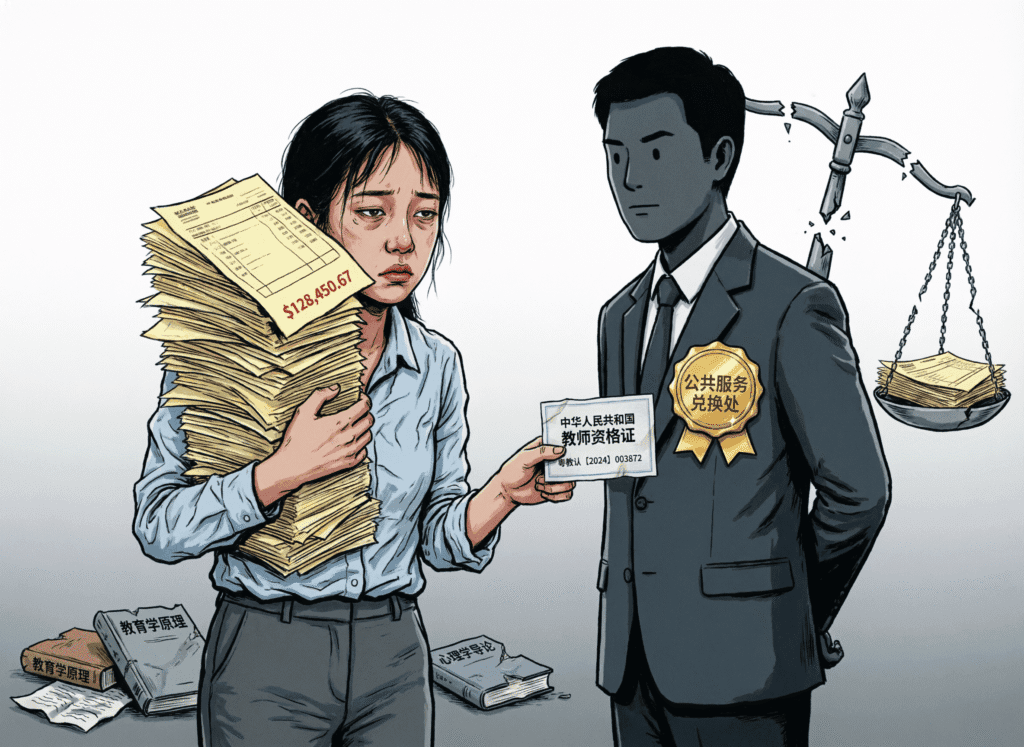 Satirical vector illustration of a person exchanging massive student debt for a modest teaching certificate—mocking coercive public service, emotional labor, and the myth of redemption through sacrifice
