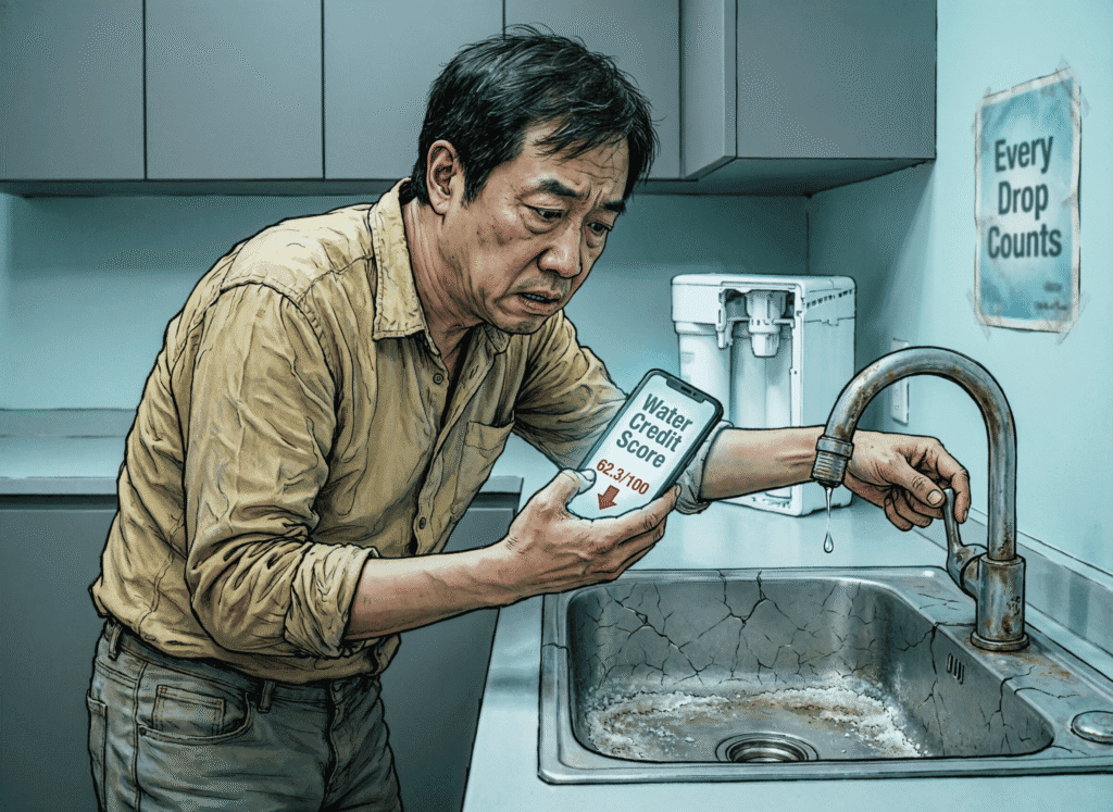 Satirical vector illustration of a person checking their “Water Credit Score” as a dry faucet drips—mocking climate rationing, moral scoring, and the financialization of basic needs