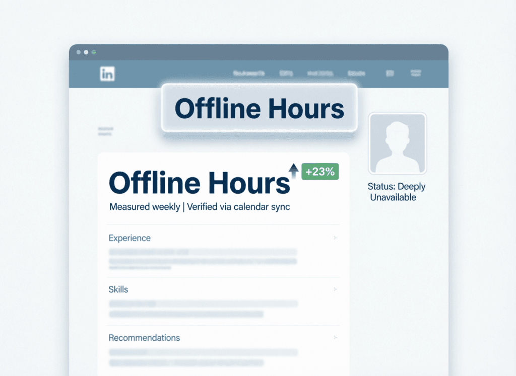 Linkedin now tracks your “offline hours” as a leadership metric LinkedIn now measures your “offline hours” as a leadership skill. Satire on digital detox as performance, productivity theater, and the paradox of rest.