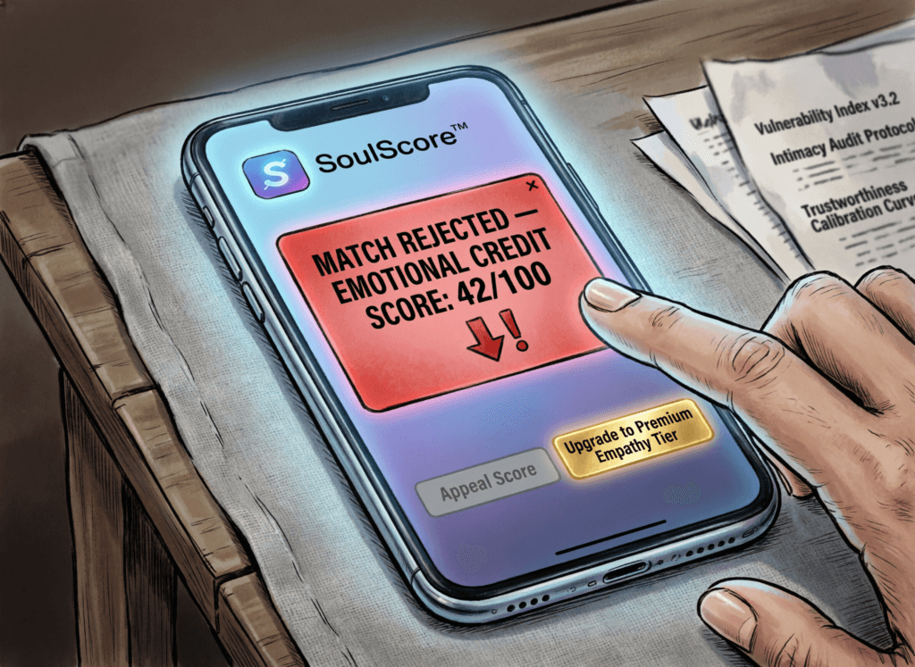 Satirical vector illustration of a dating app rejecting a match due to low “Emotional Credit Scores”—mocking relational capitalism, vulnerability scoring, and the audit of intimacy
