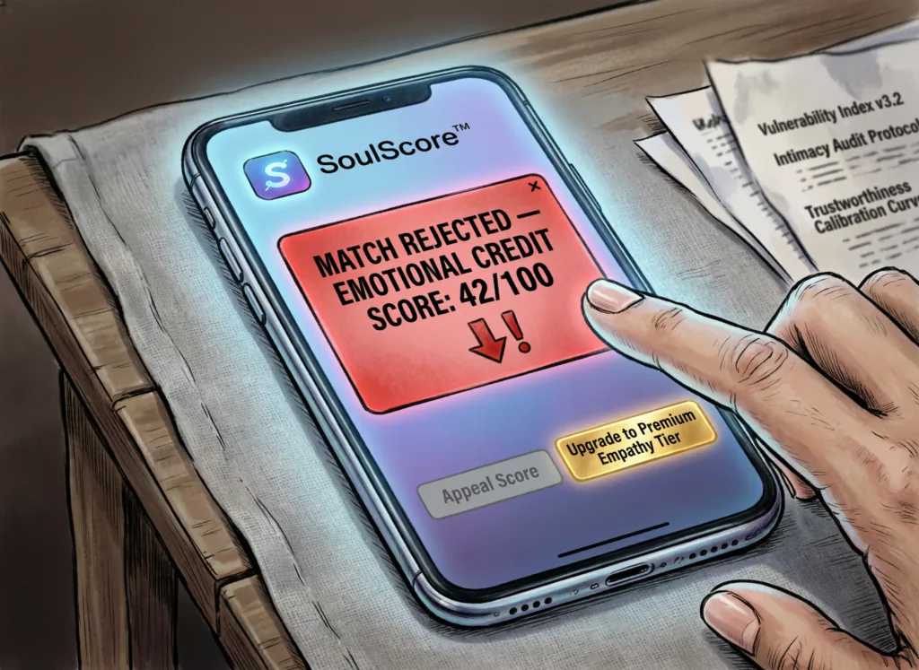 Satirical vector illustration of a dating app rejecting a match due to low “Emotional Credit Scores”—mocking relational capitalism, vulnerability scoring, and the audit of intimacy