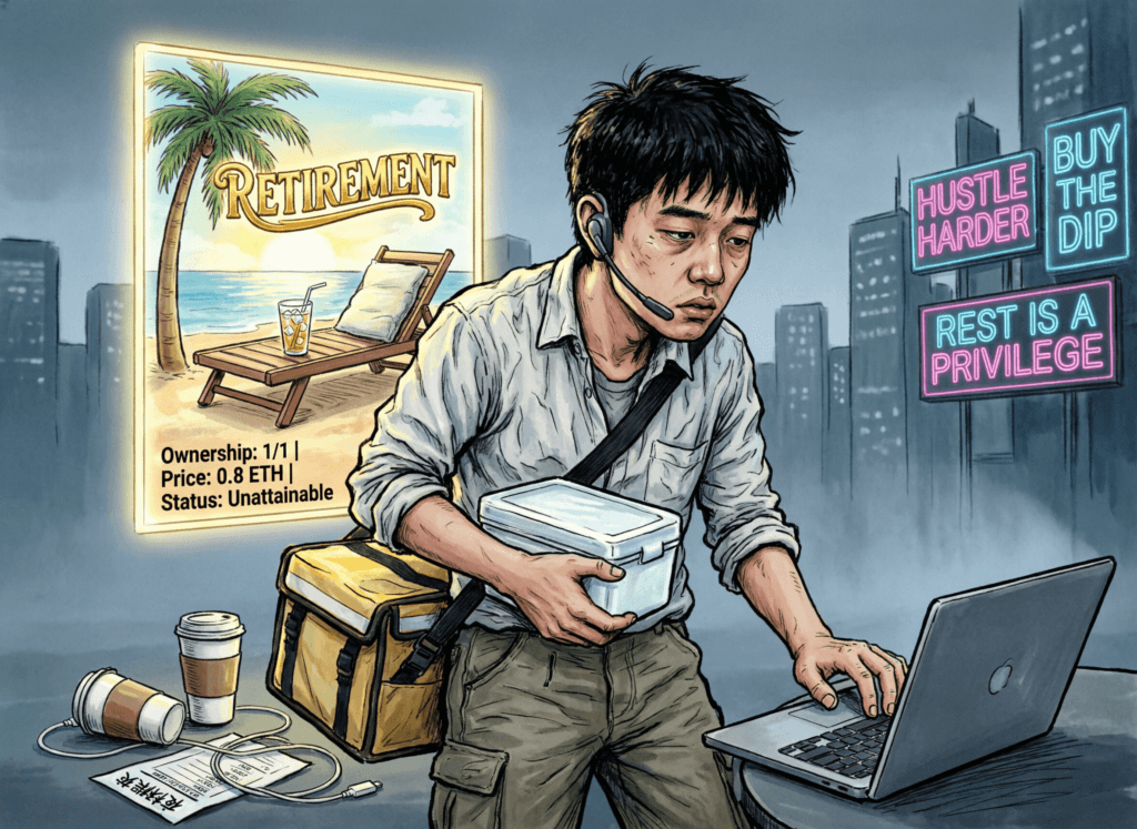 Satirical vector illustration of a person working multiple jobs while owning an NFT of retirement they’ll never reach—mocking financial despair, generational inequality, and the commodification of rest
